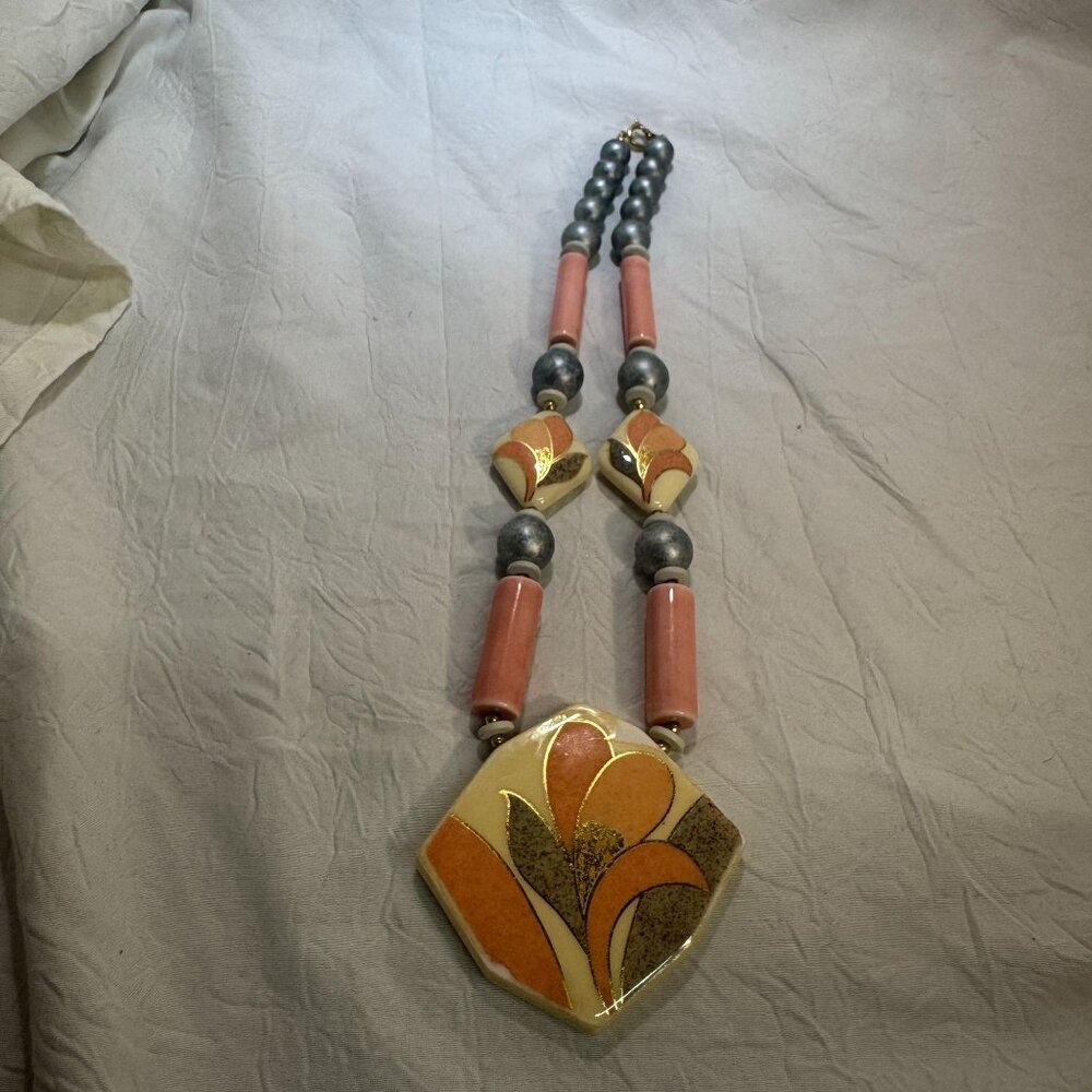 Vintage Handmade porcelain & bead Necklace With Floral Pendant From Japan - Picture 7 of 11
